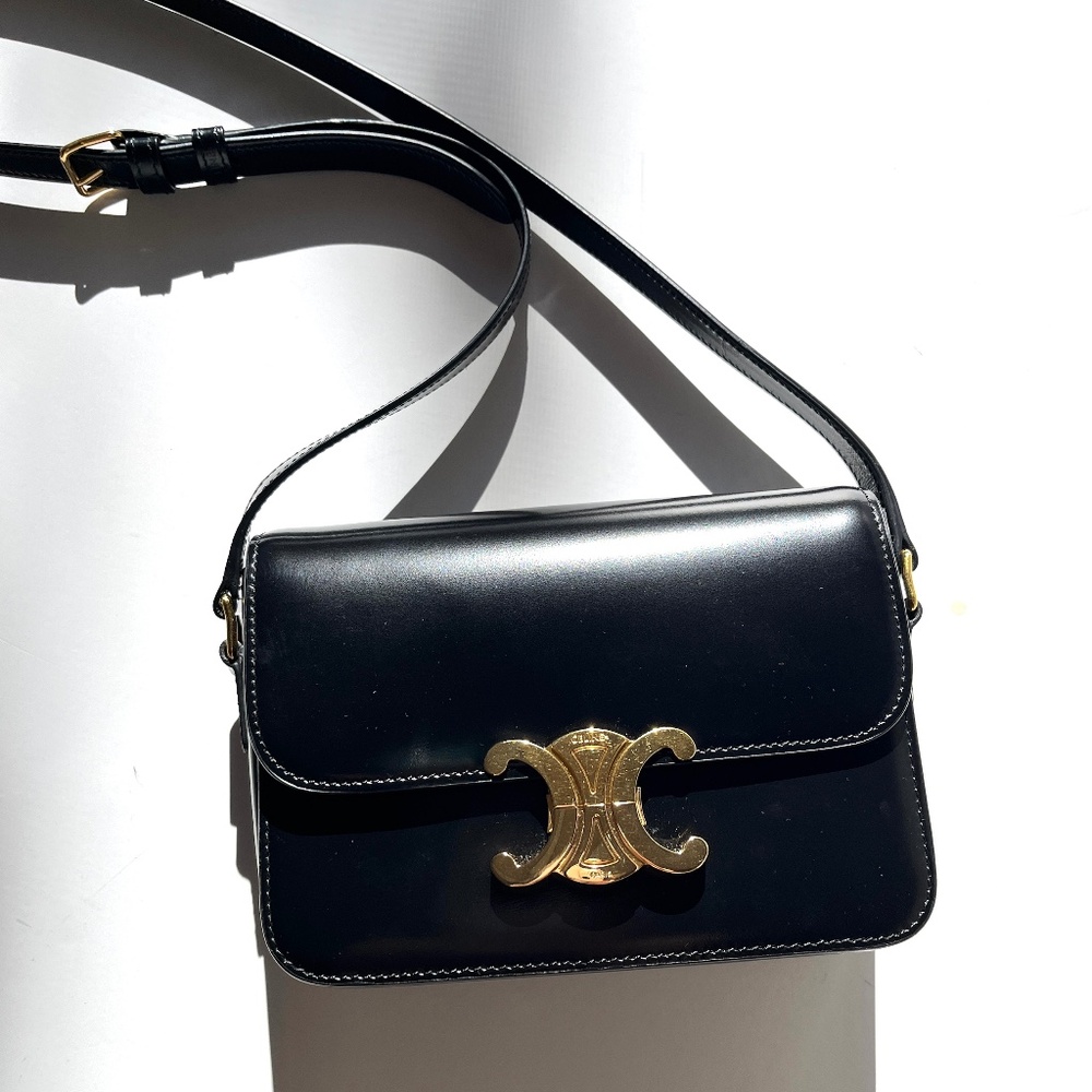 Authentic Celine Triomphe Teen Shiny Calfskin Shoulder Crossbody Flap Bag